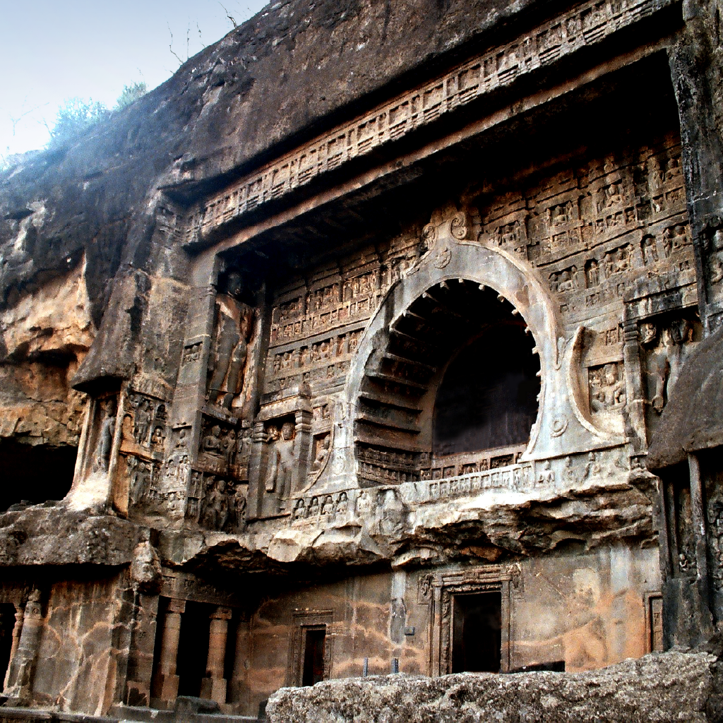 Ancient Buddhist cave paintings and rock-cut architecture at the Ajanta Caves near Chhatrapati Sambhaji Nagar